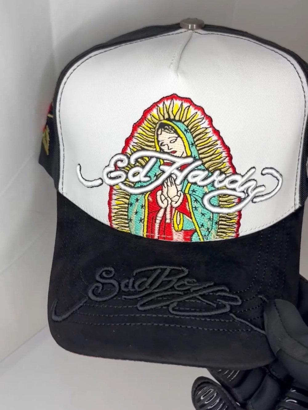 Ed Hardy Black, White & Multicolor Embroidered Trucker Cap